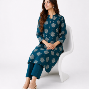Deep Teal Floral Printed 2-Piece Lawn Suit