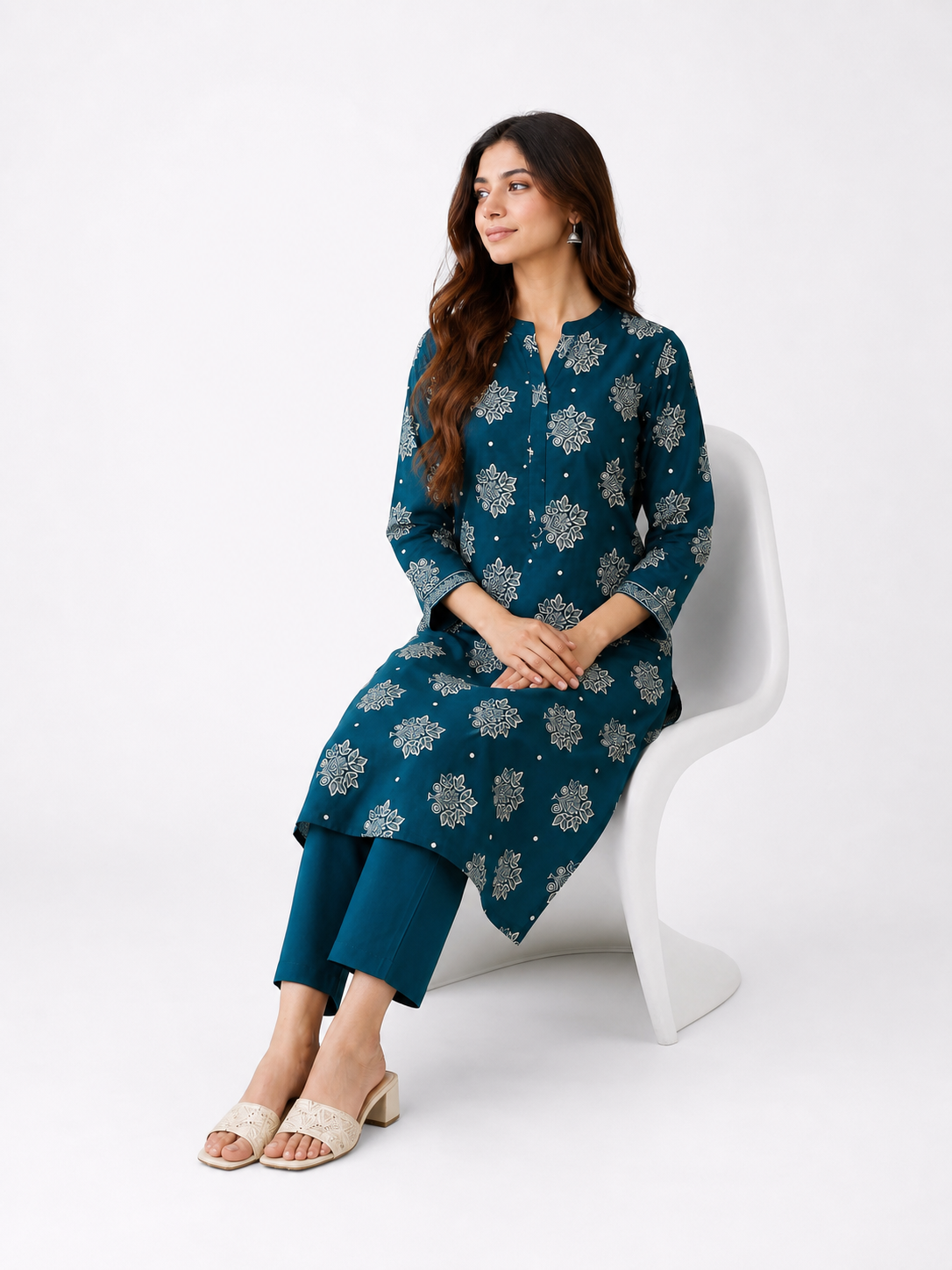Deep Teal Floral Printed 2-Piece Lawn Suit