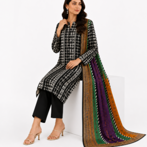 Midnight Mosaic – Black Geometric Printed Unstitched 3-Piece Suit