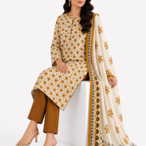 Golden Meadow – Mustard Floral Printed Unstitched 3-Piece Suit