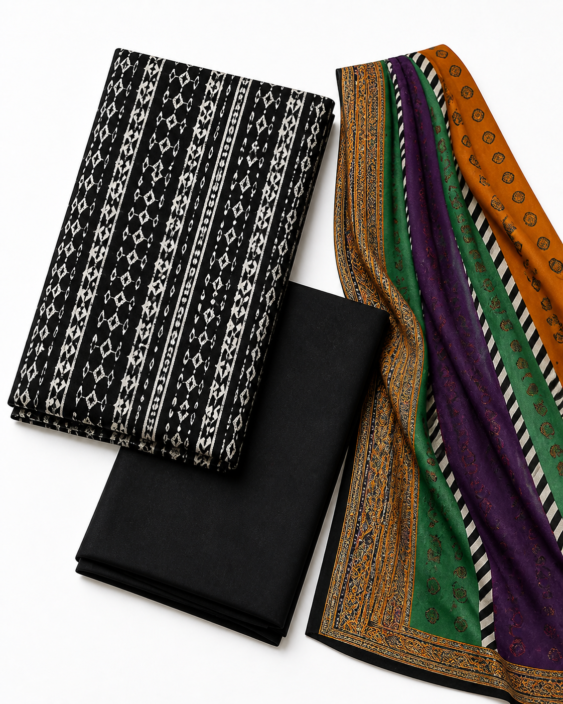 Midnight Mosaic – Black Geometric Printed Unstitched 3-Piece Suit - Image 2